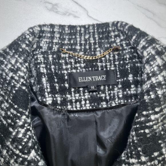 ELLEN TRACY Houndstooth Wool Blend Pea Coat Black Ivory Textured Lined Sz 14 NWT - Picture 2 of 16